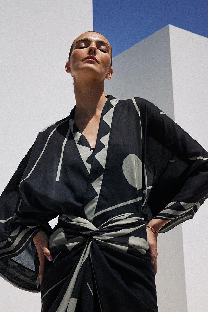 Talia Kimono - Black & Sand